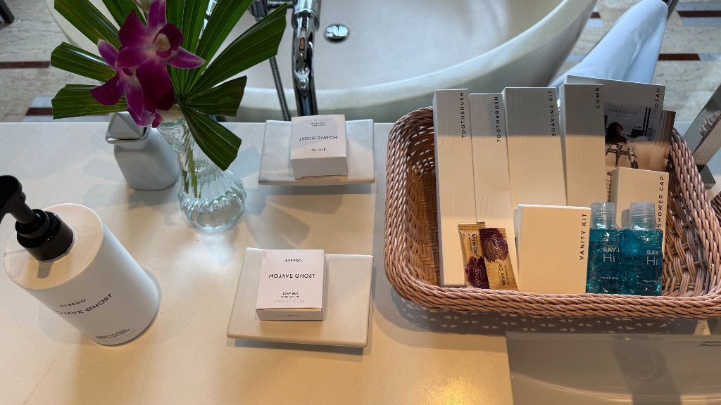 Byredo Mojave Ghost amenities - body wash, body lotion and soap bar on the vanity