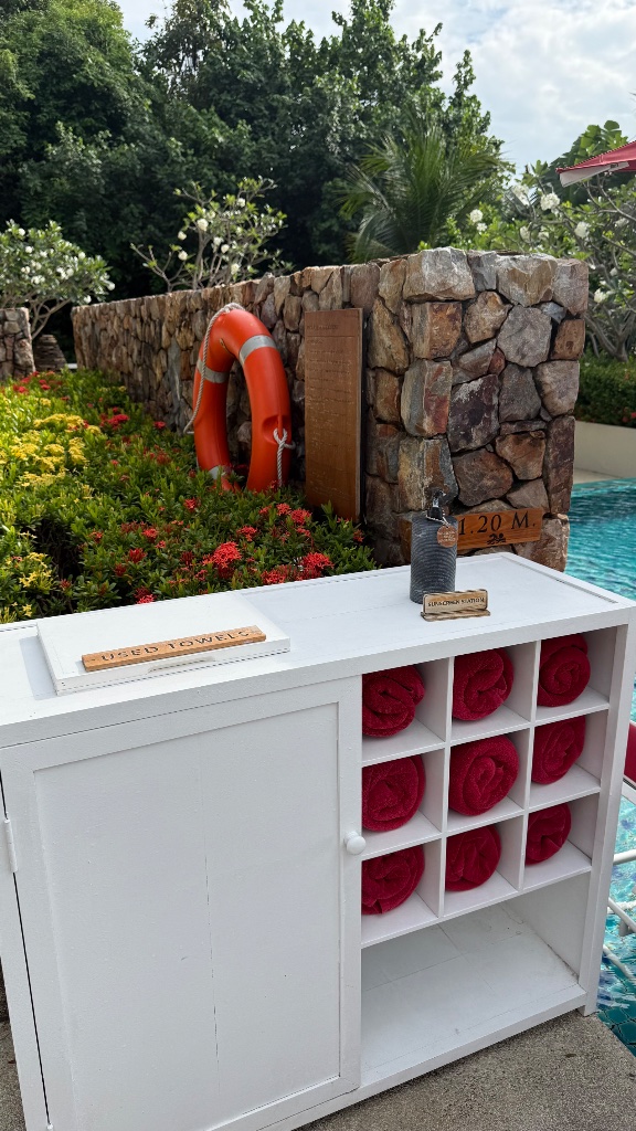 Pool towel station and complimentary sunscreen