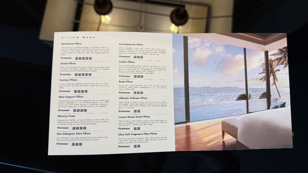 Pillow menu - twelve options from buckwheat to luxury goose down, with firmness ratings