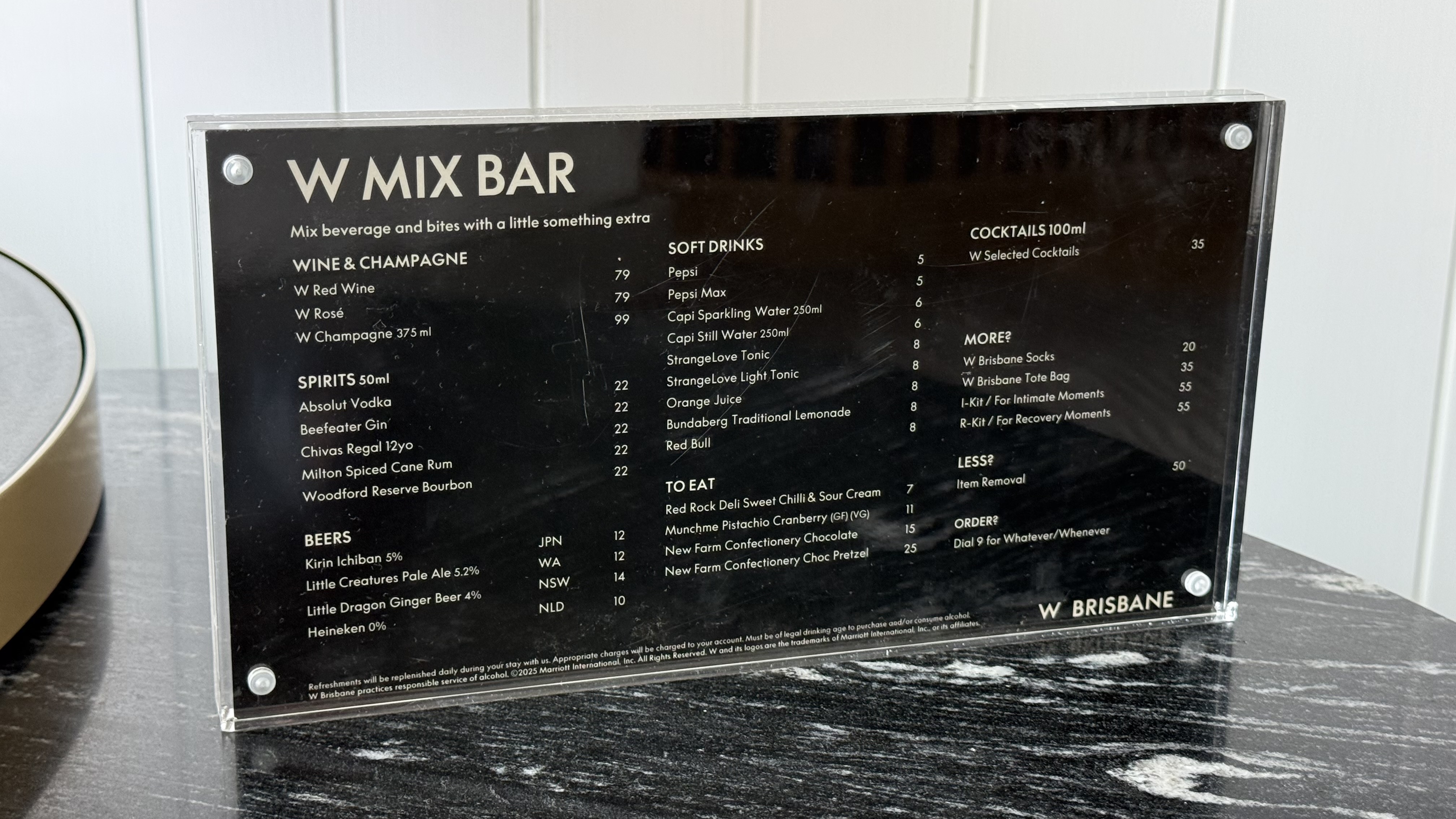 W Mix Bar menu — wines, spirits, beers, snacks and cocktails