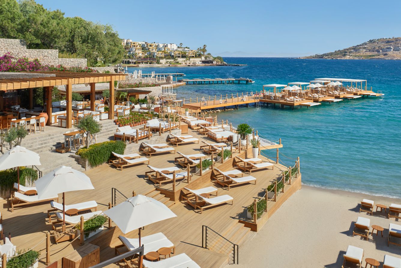 Morena Deck — the covered beachside terrace with teak furniture and bay views