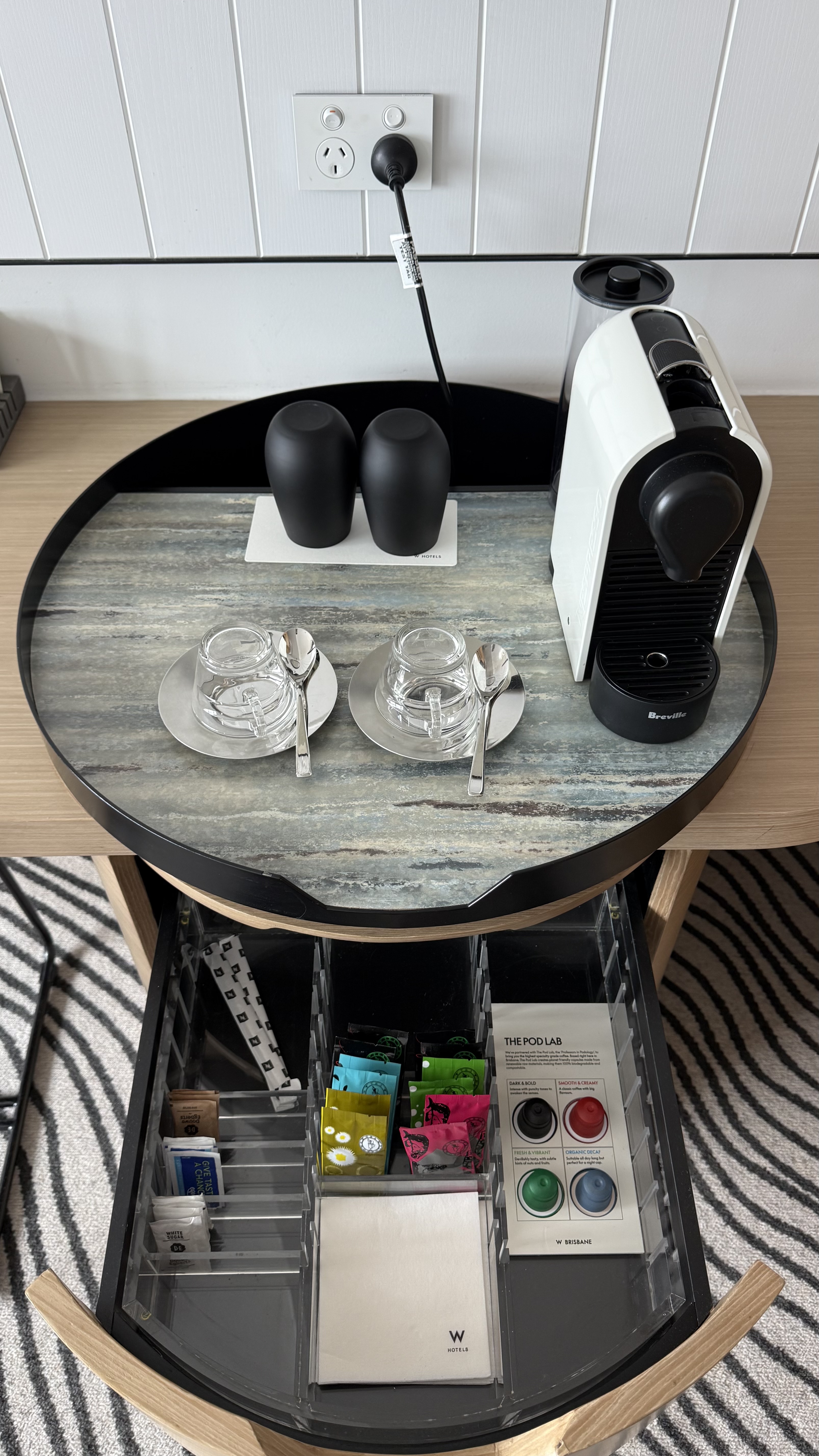Nespresso station — Breville machine, pod selection and teas
