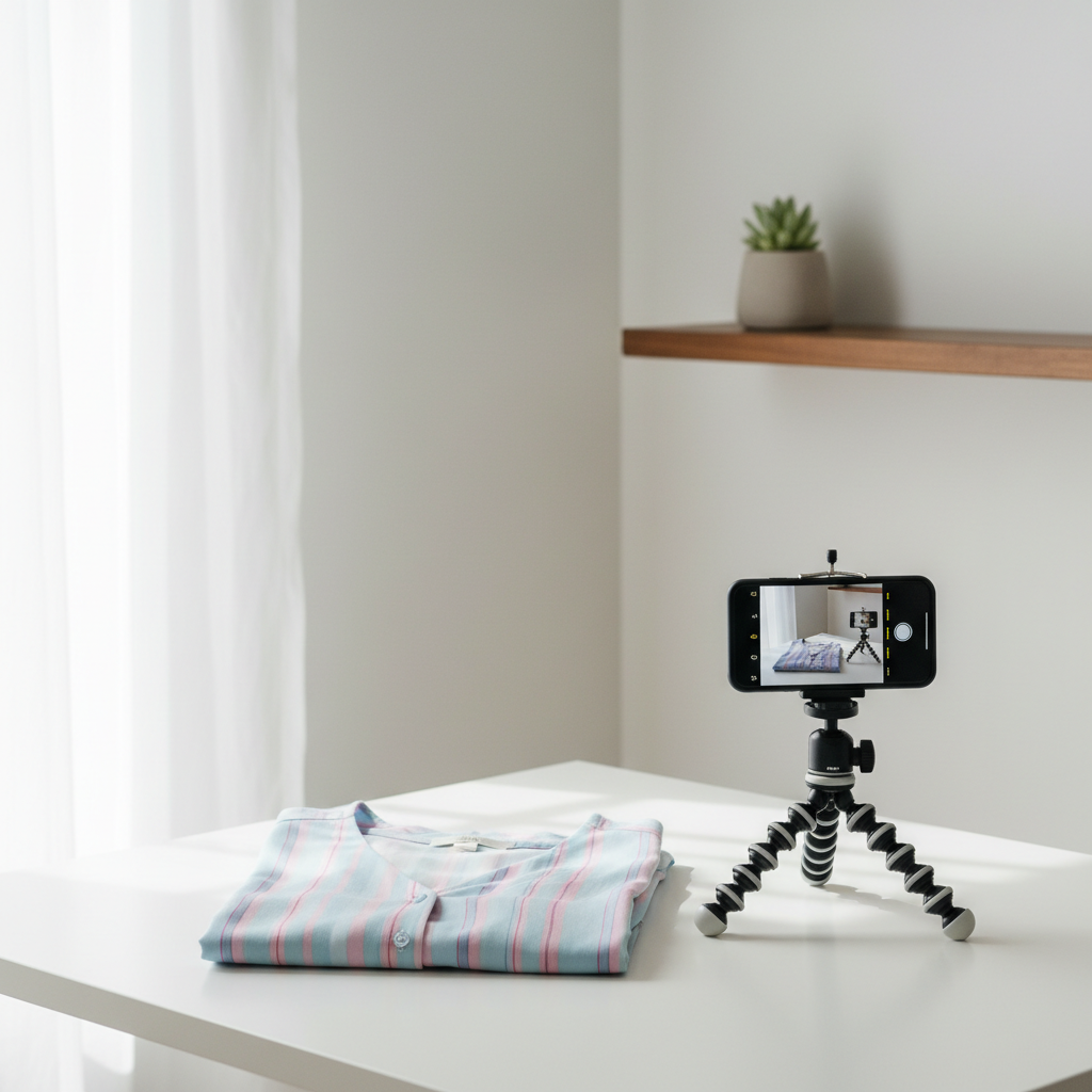 Guide photos Vinted 2026 : vêtement sur fond blanc studio photographié avec smartphone