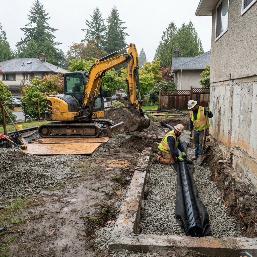 Drainage contractor installing a residential perimeter drainage system in Metro Vancouver
