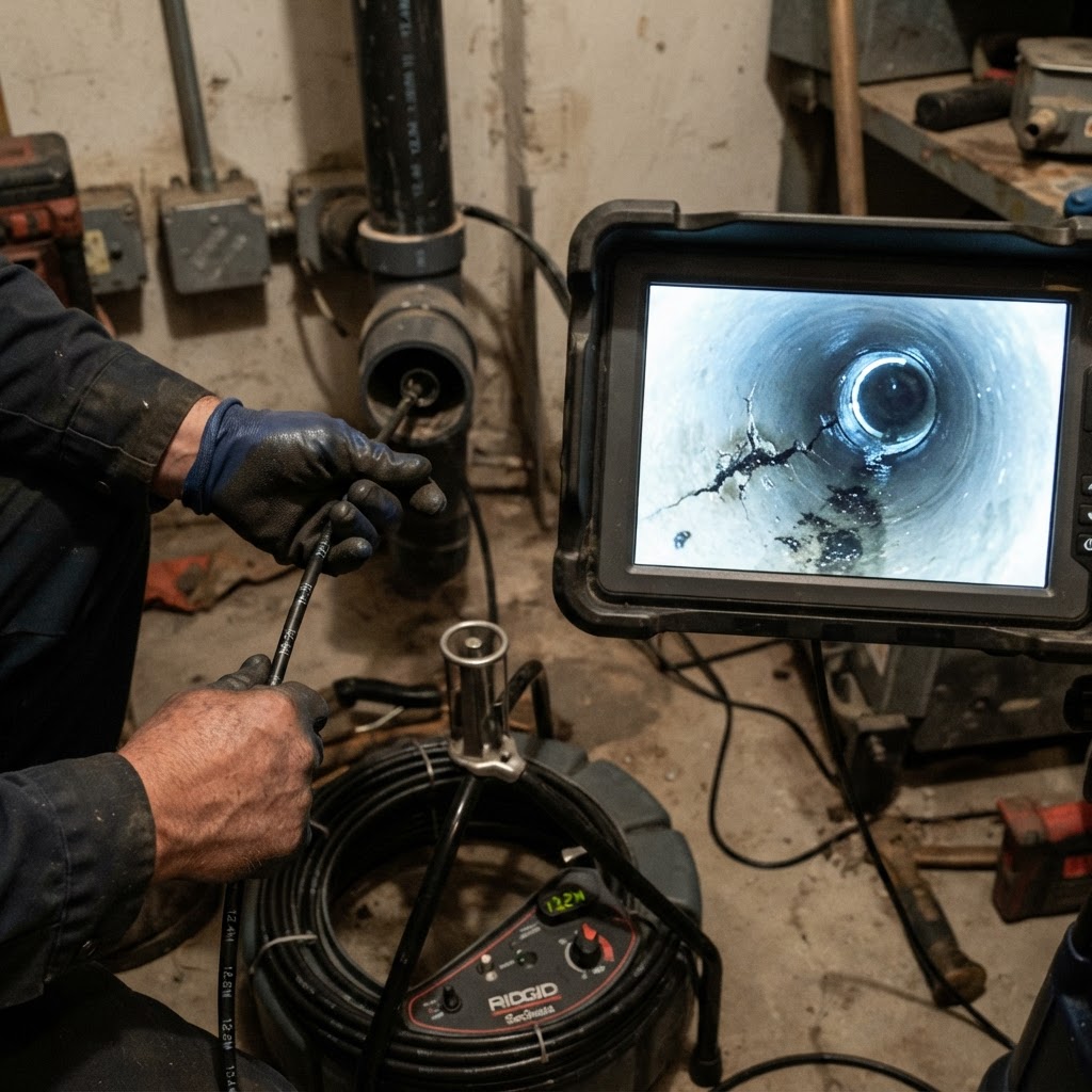 Drain camera monitor showing the inside of a pipe