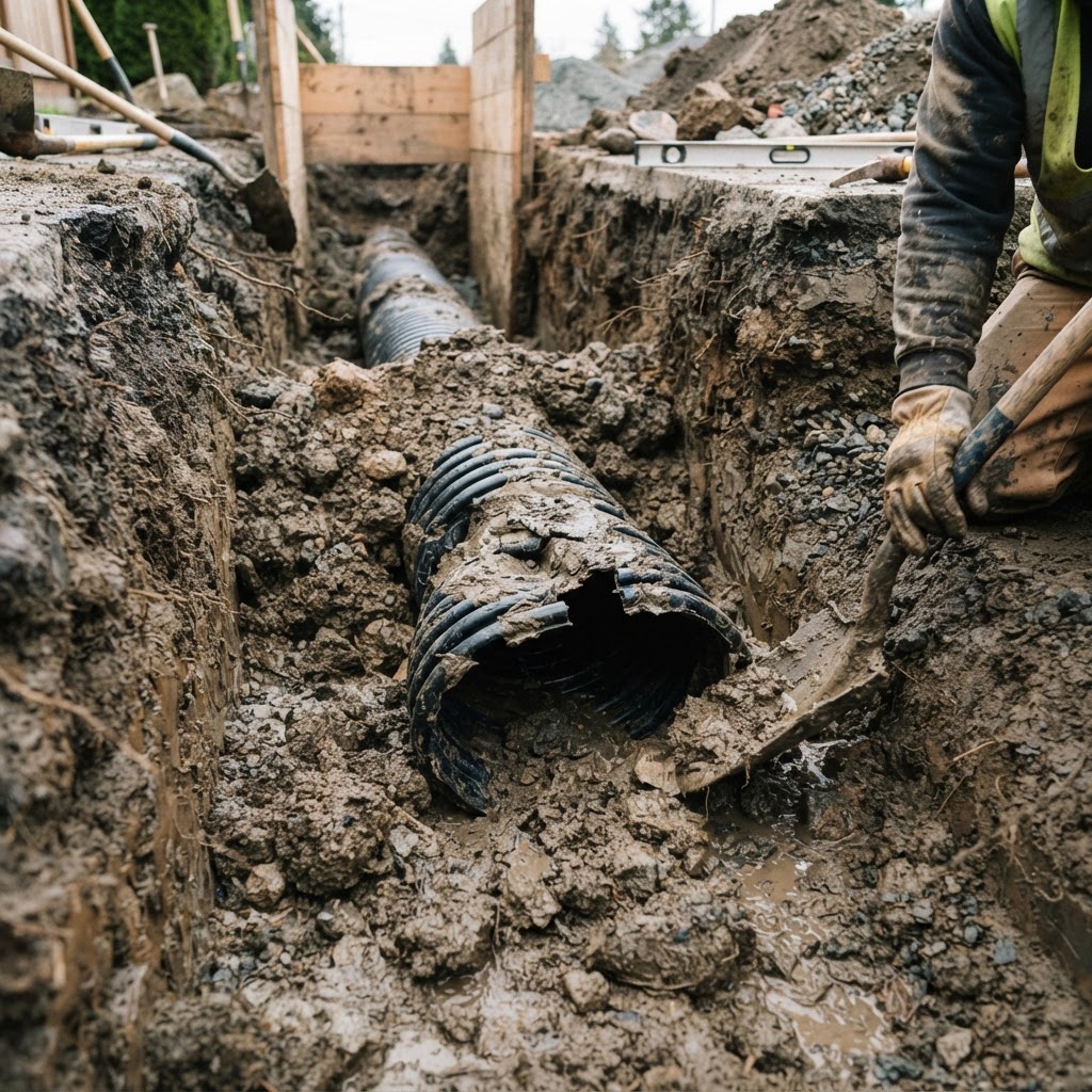 Collapsed drainage pipe exposed during excavation