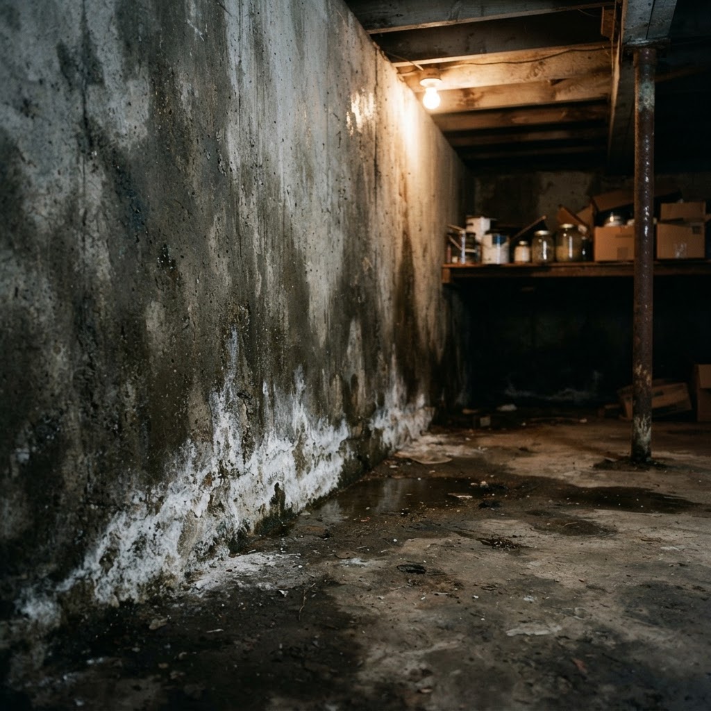 Damp basement wall with efflorescence at the floor joint