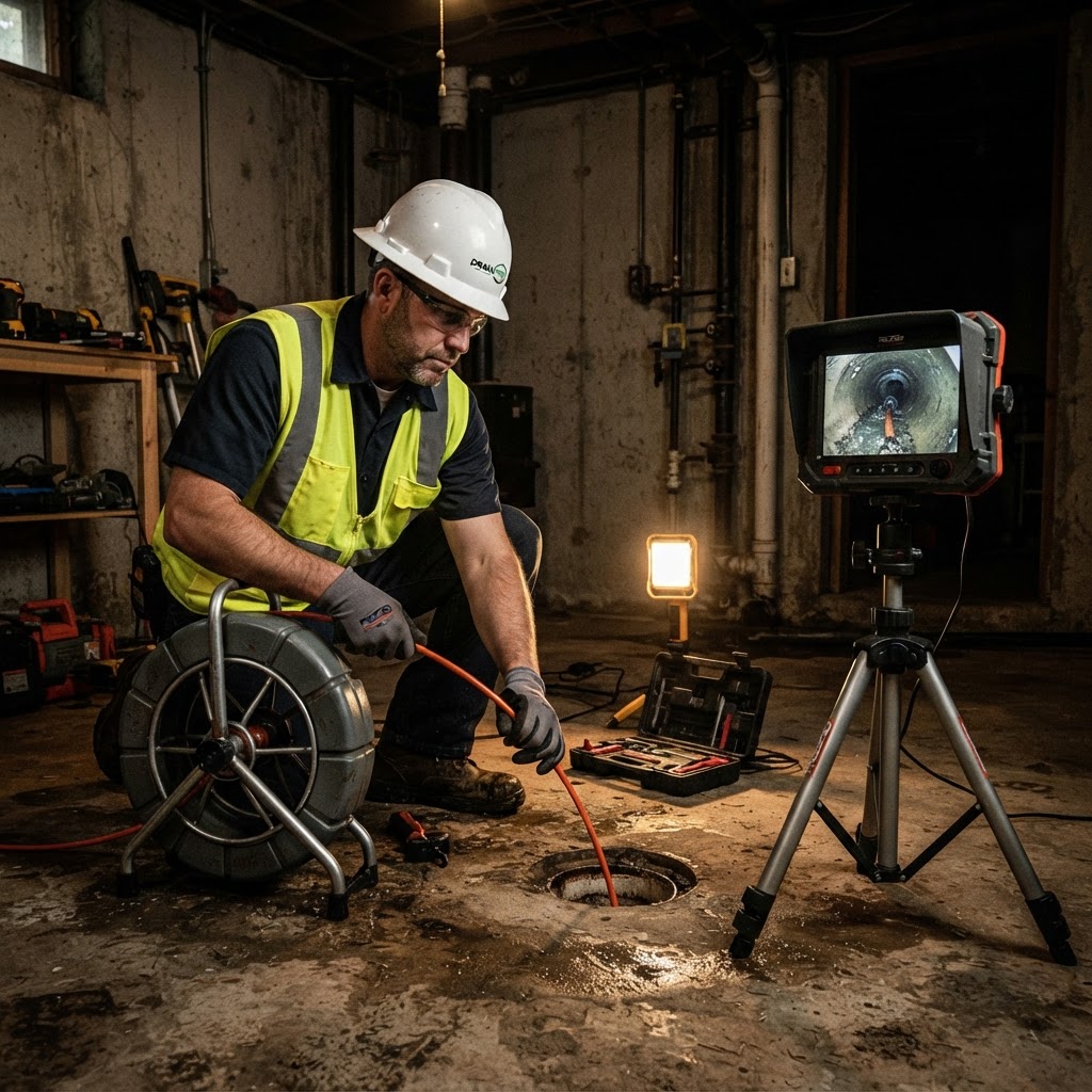 Drainage technician feeding a camera into a basement drain cleanout during an inspection