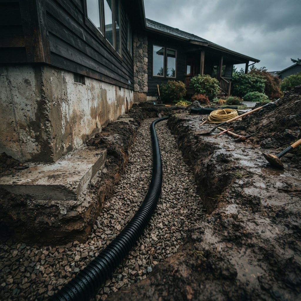 New drainage pipe being laid in an excavated trench for replacement