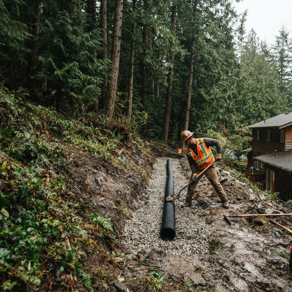 Drainage trench and pipe installation beside a sloped, treed North Vancouver property