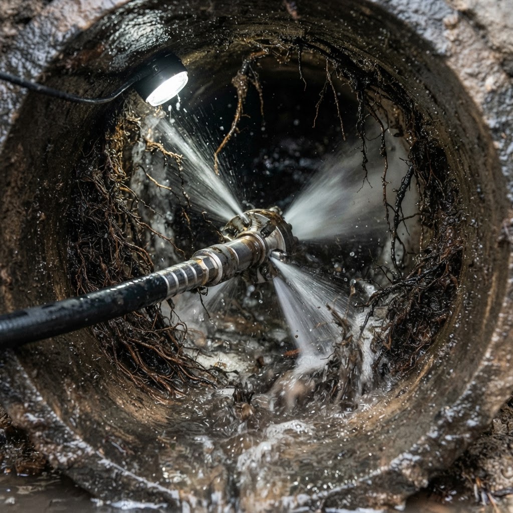 High-pressure water jetting clearing drain tile in Burnaby
