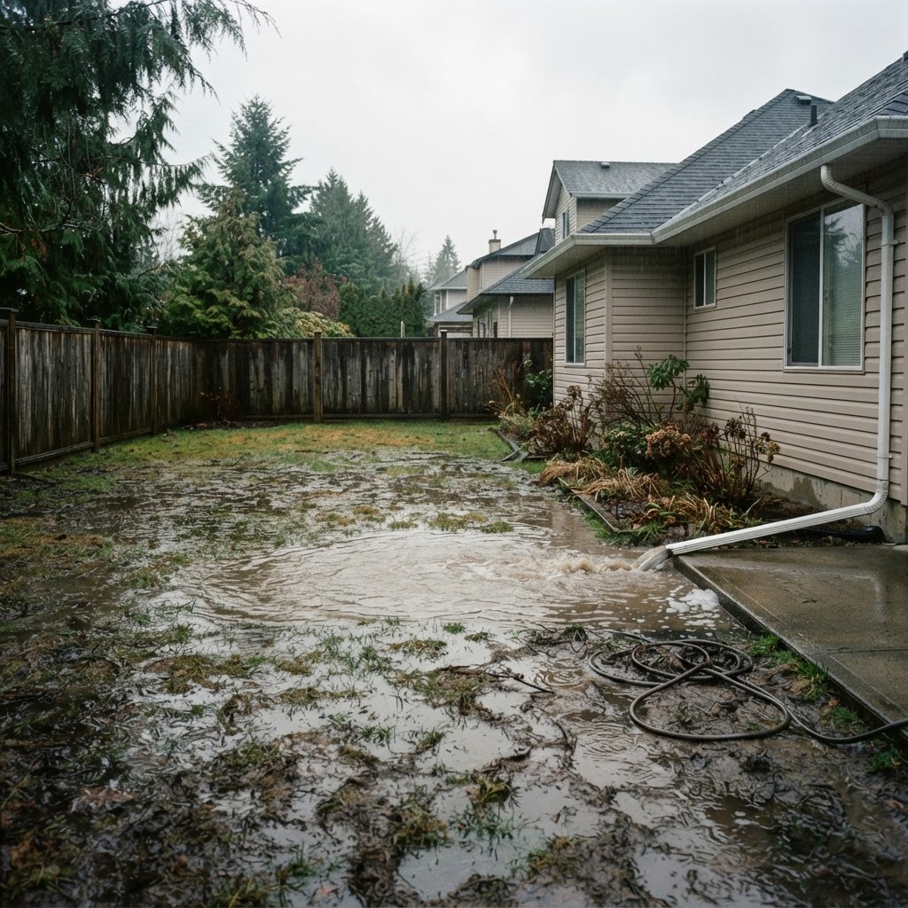 Soggy yard with standing water before drainage work in {data.cityName}