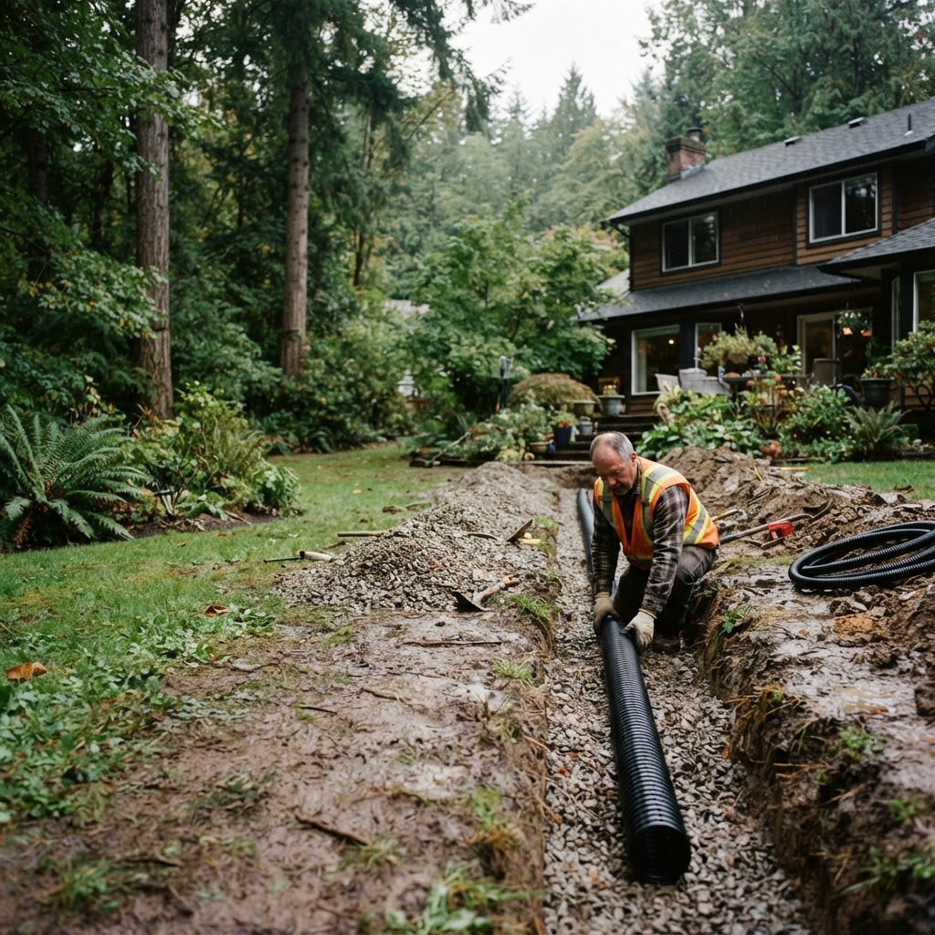 Drainage trench and pipe installation on a treed Maple Ridge property