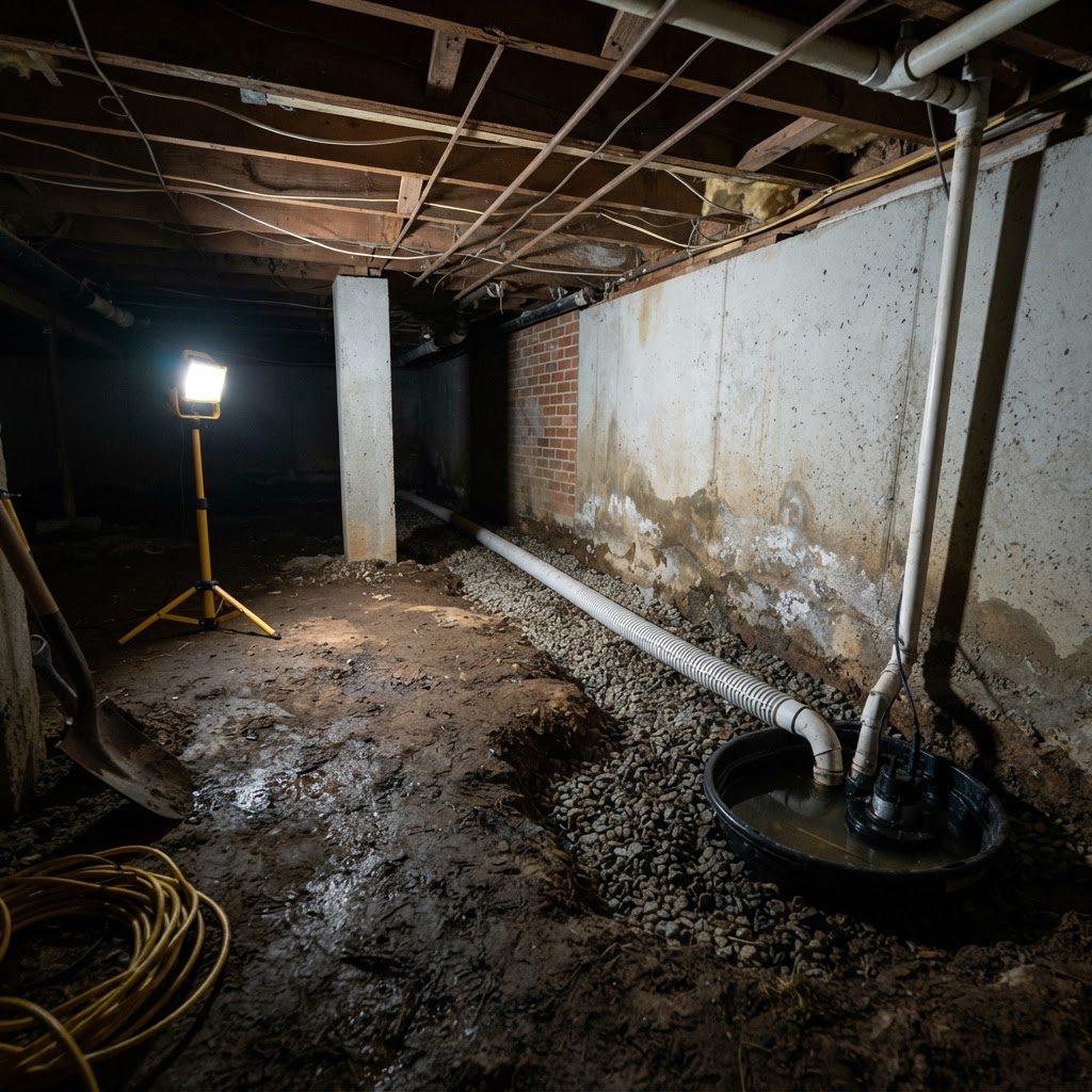 Crawl space with perimeter drainage trench, gravel, and sump basin on a dirt floor