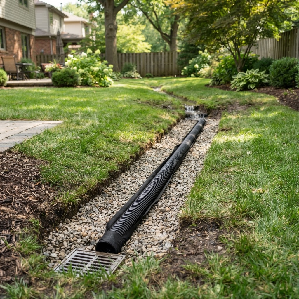 French drain trench with gravel and pipe in a yard