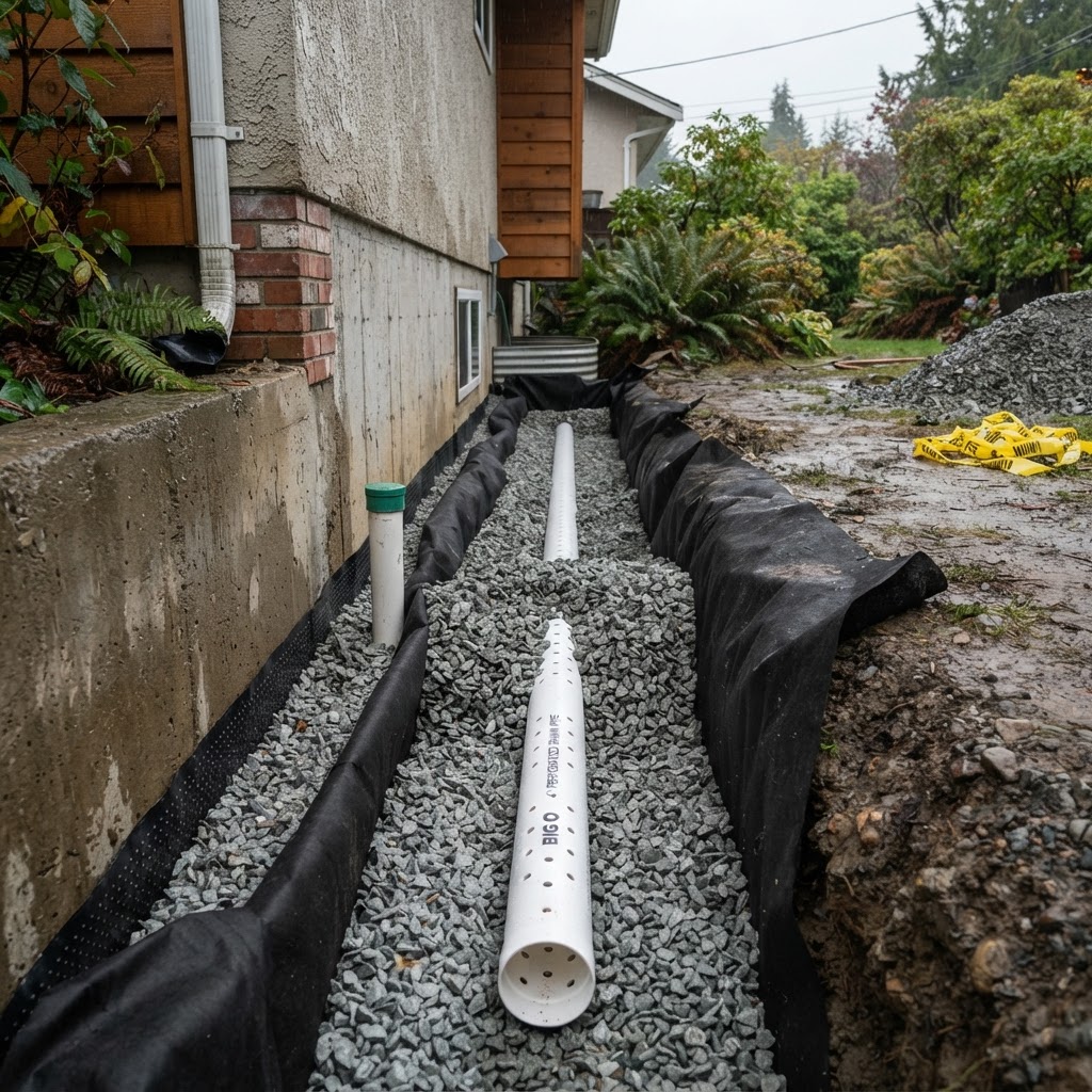 New perforated drain tile pipe in clean gravel during replacement in Vancouver