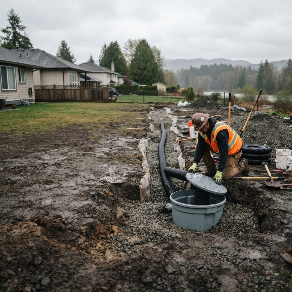 Sump and underground drainage line installation on a flat Port Coquitlam lot