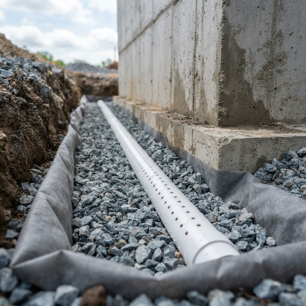 Perimeter drain pipe and gravel installed around a foundation footing