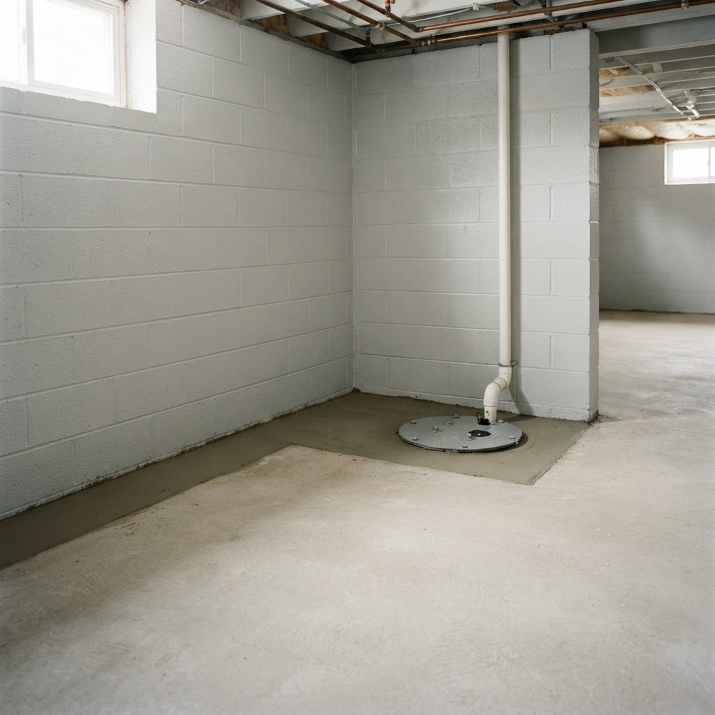 Dry basement after drain tile replacement in {data.cityName}