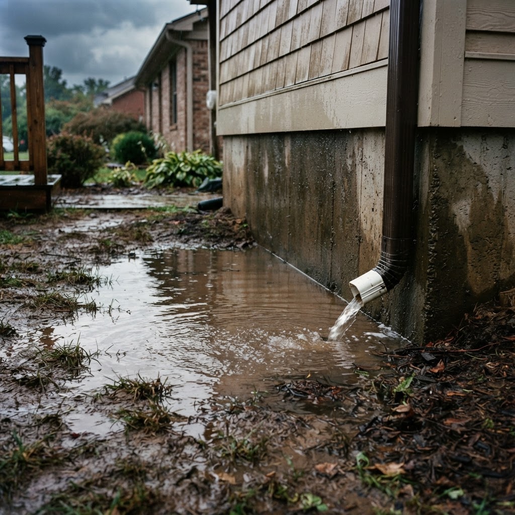 Water pooling against a foundation wall after rain