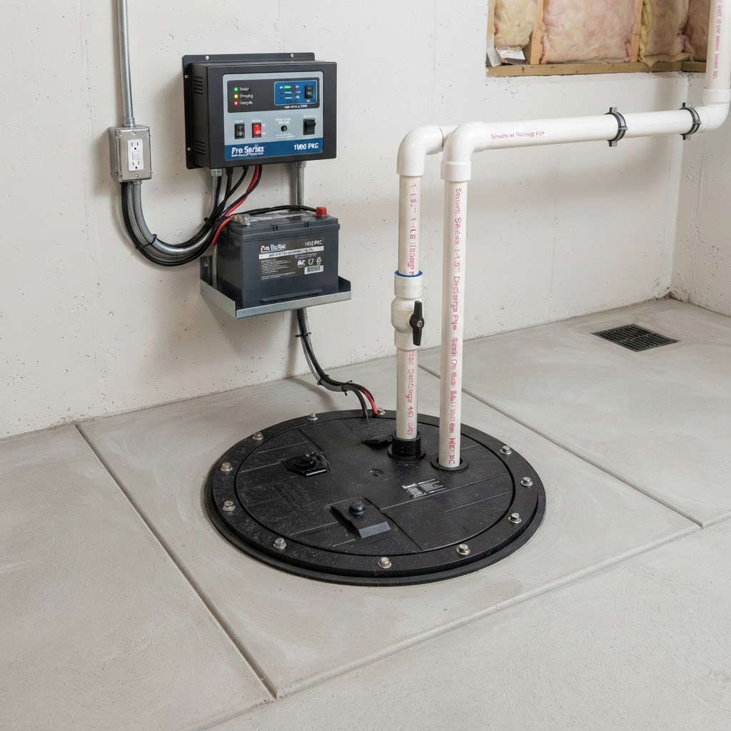 Sump pump in a sealed sump pit in a basement floor with discharge pipe and battery backup