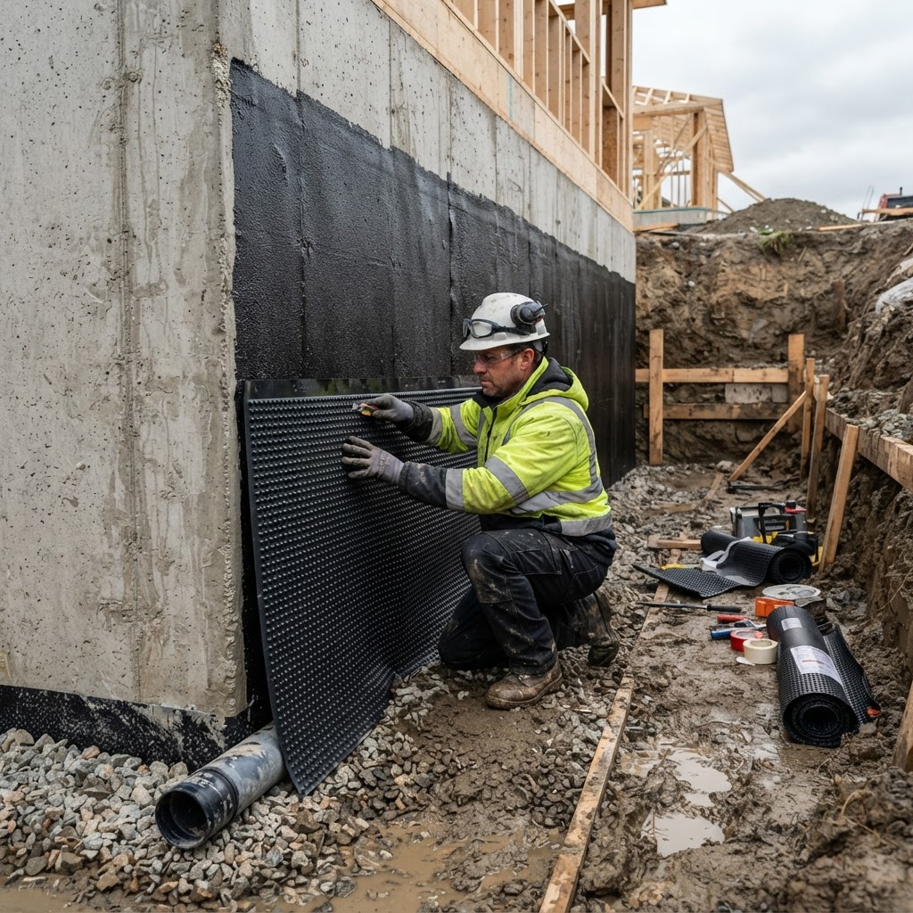 Foundation waterproofing membrane applied to excavated wall in Vancouver