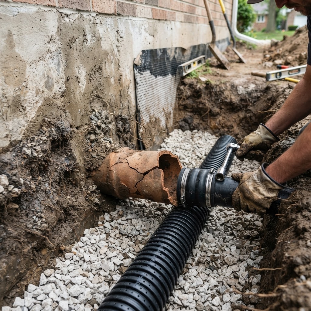 Targeted drain tile repair showing old clay pipe replaced with new perforated PVC in Vancouver
