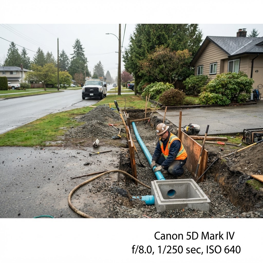 Storm line and catch basin installation on flat Tsawwassen ground