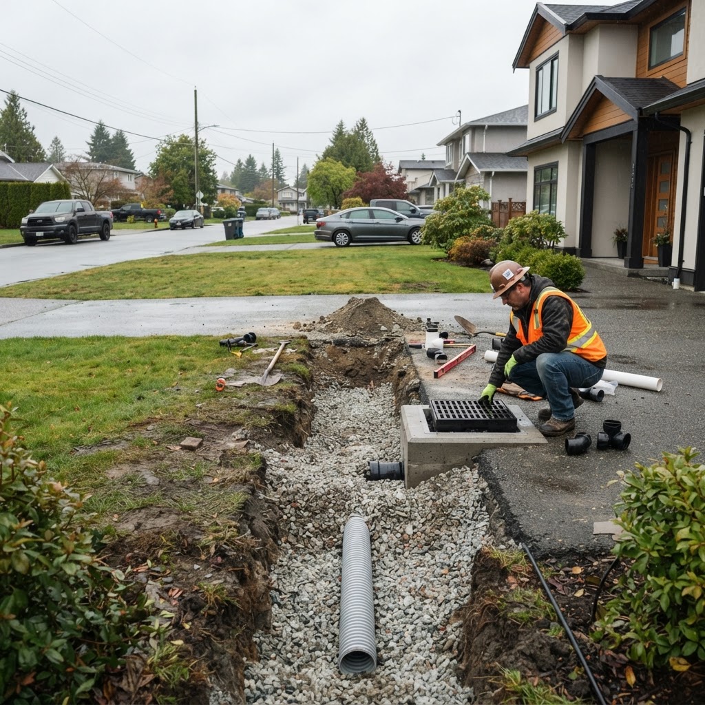 Catch basin and storm line installation on a flat Richmond residential property