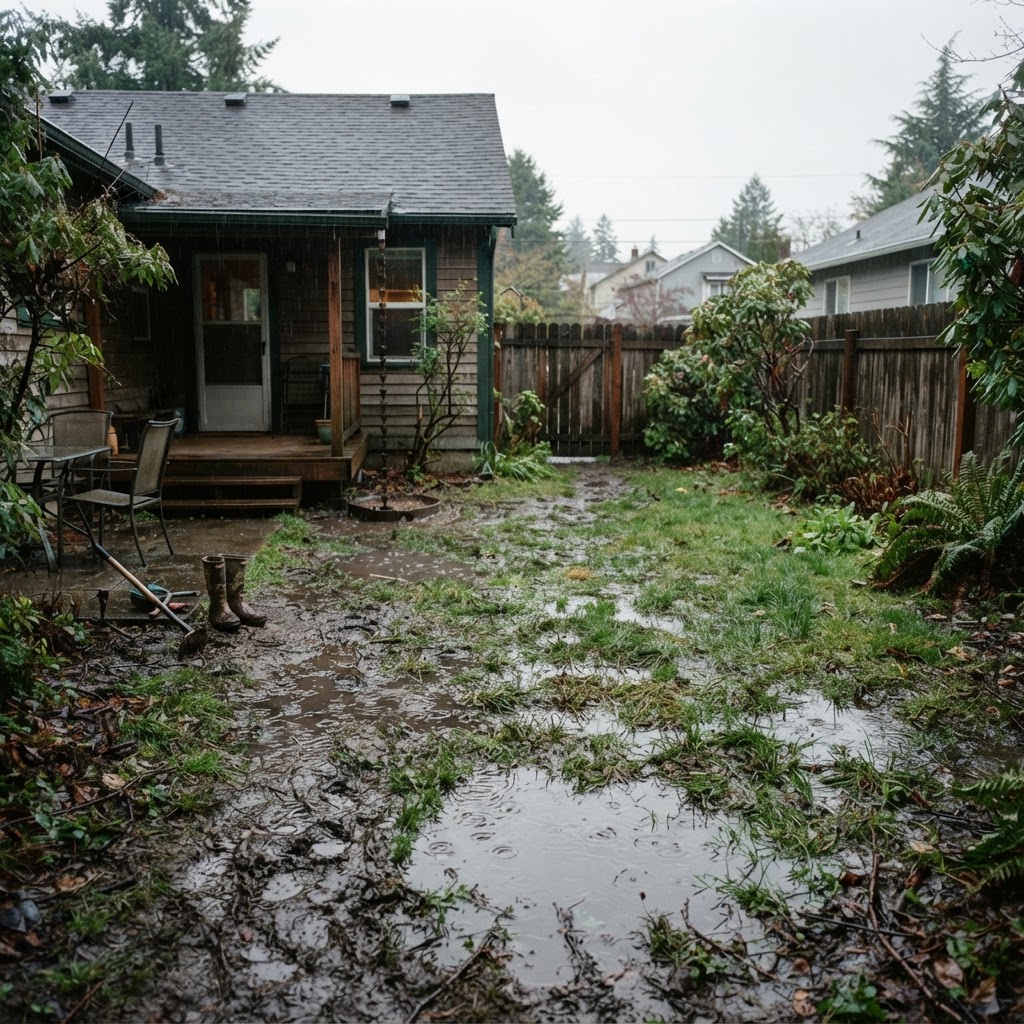 Soggy yard with standing water on clay soil after rain