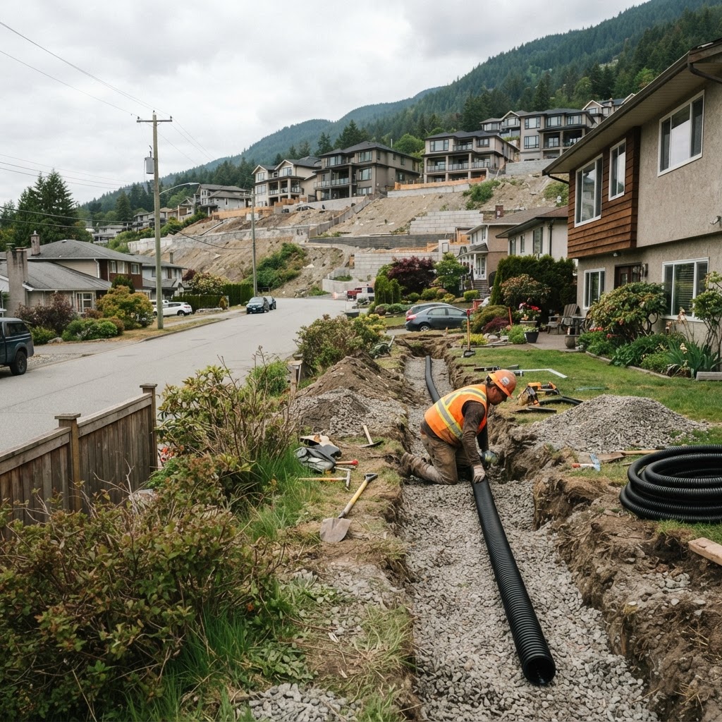 Drainage trench and pipe installation beside a Coquitlam suburban home