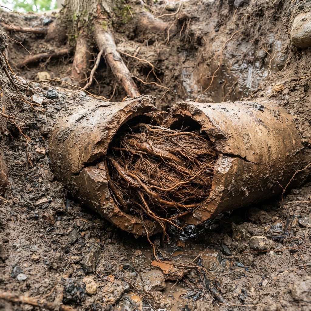 Tree roots that have grown into a drainage pipe