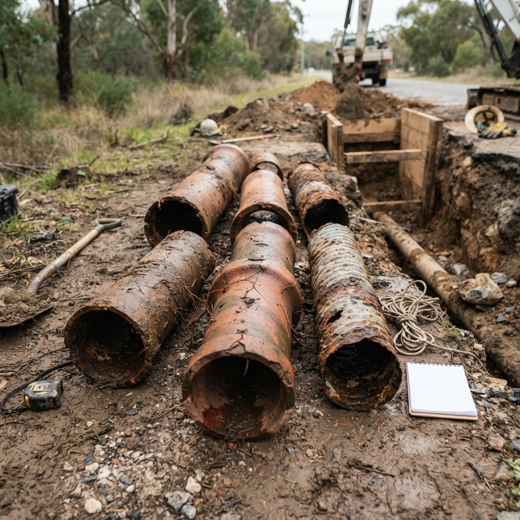 Old drainage pipe being assessed for repair or replacement