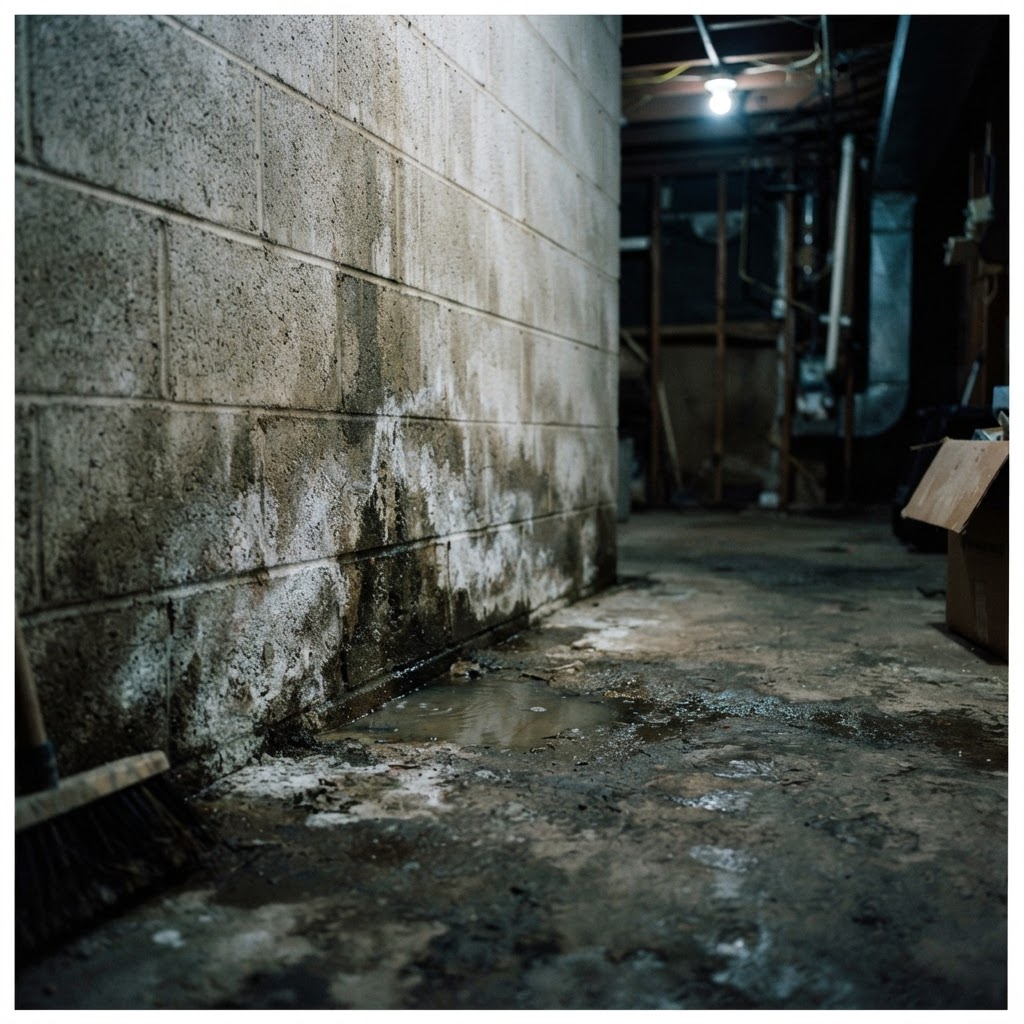 Wet basement with water seeping at floor joint before repair in {data.cityName}