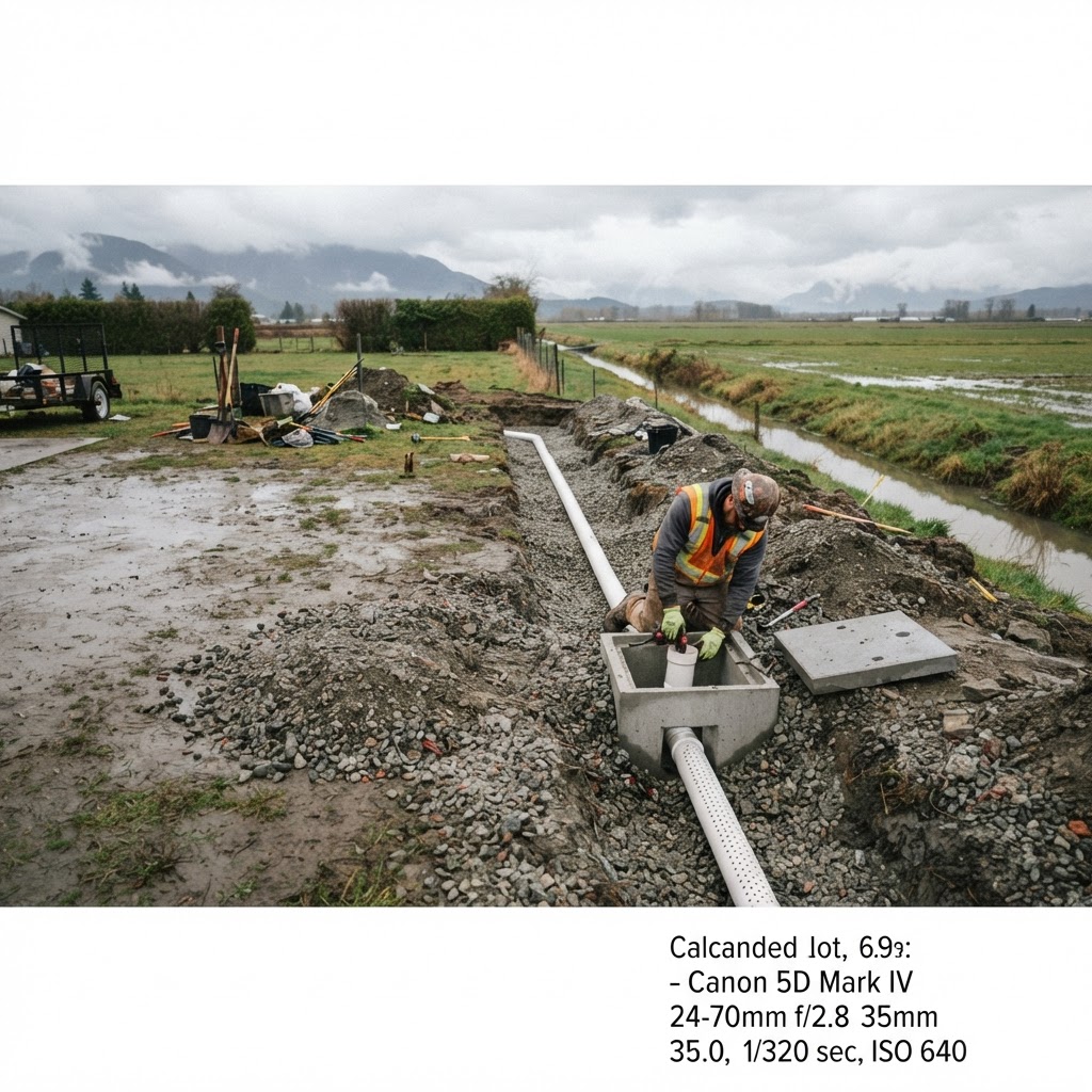 Catch basin and drainage line installation on flat Pitt Meadows ground