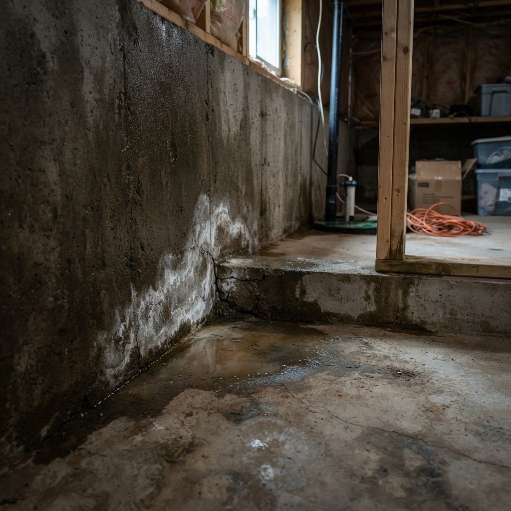 Wet basement with water seepage at floor joint in Vancouver