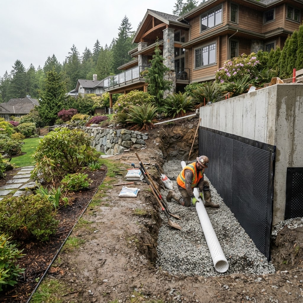 Perimeter drain replacement beside a hillside West Vancouver foundation