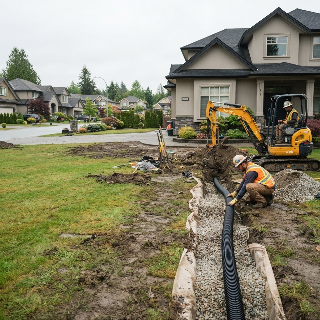 Drainage trench installation on a larger suburban Surrey property
