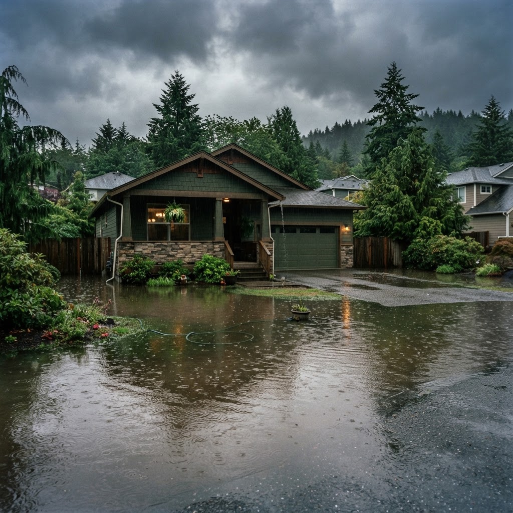 Yard flooded with standing water after a heavy rainstorm