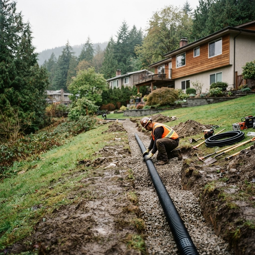 Drainage trench and intercept drain installation on a sloped Burnaby property