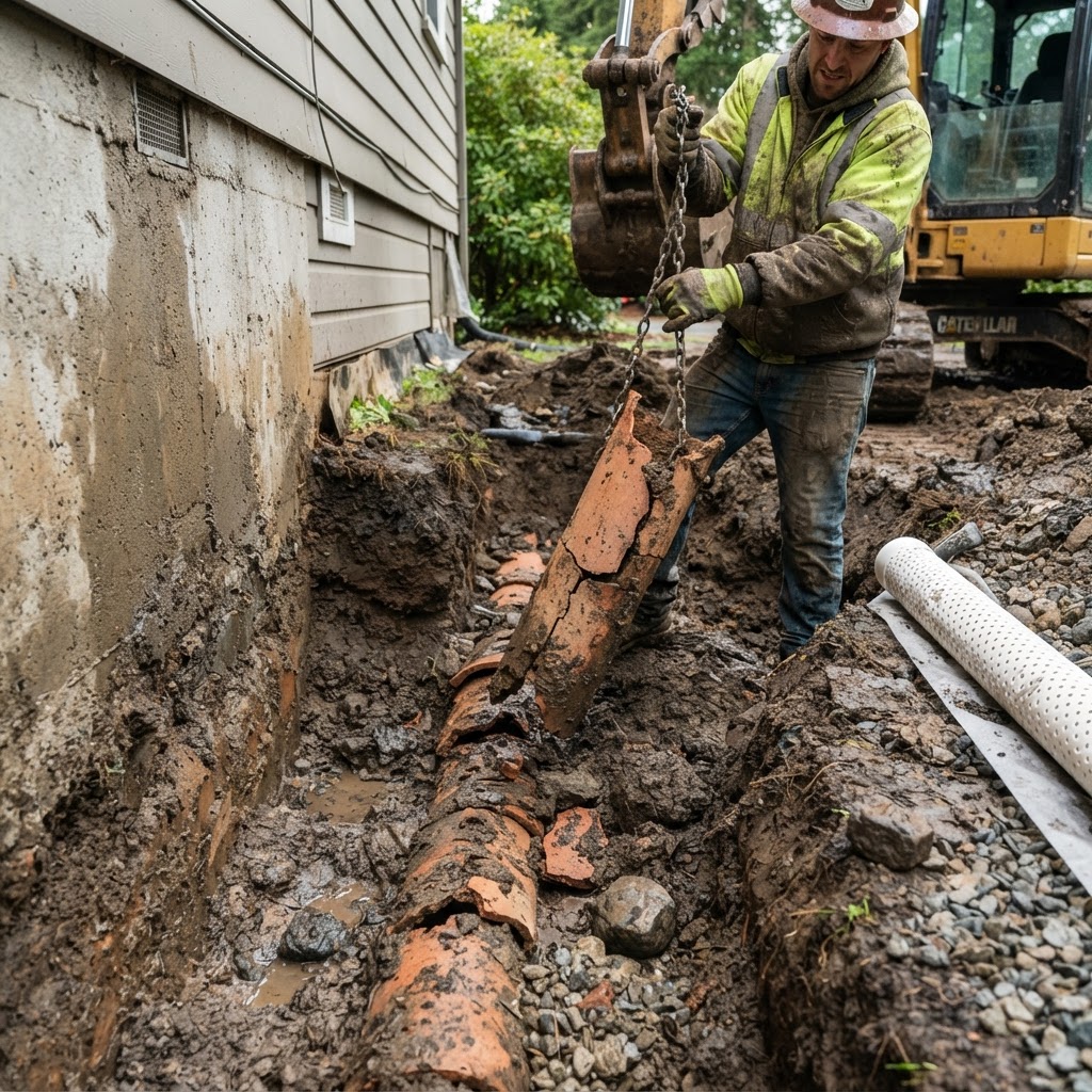 Old clay drain tile being removed during a perimeter drain replacement