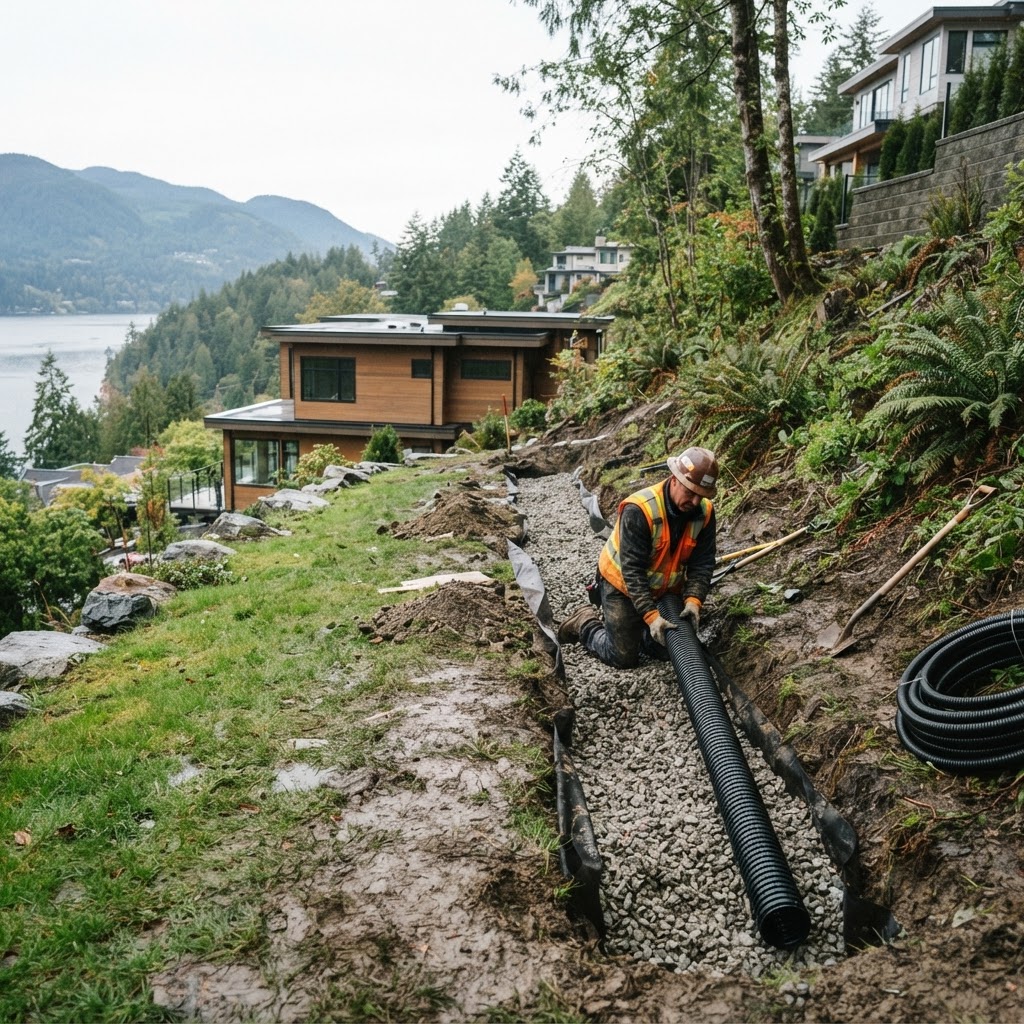 Intercept drain installation on a sloped Port Moody property