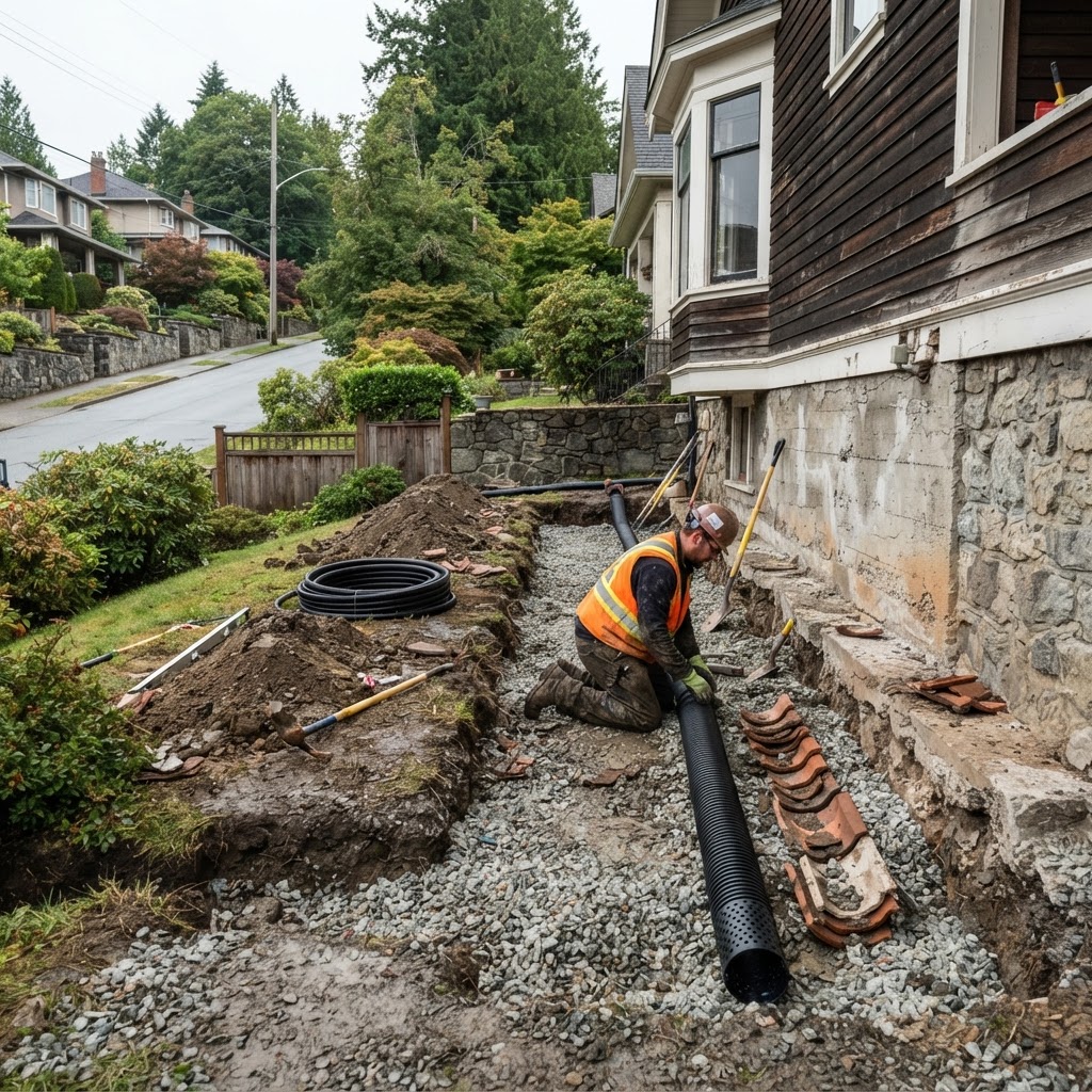 Perimeter drain replacement beside an older New Westminster heritage home