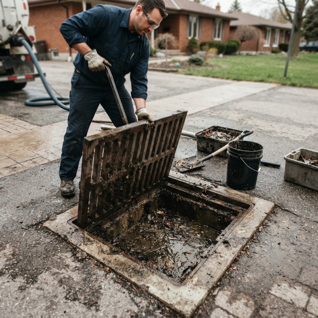 Catch basin grate being cleaned and cleared of debris