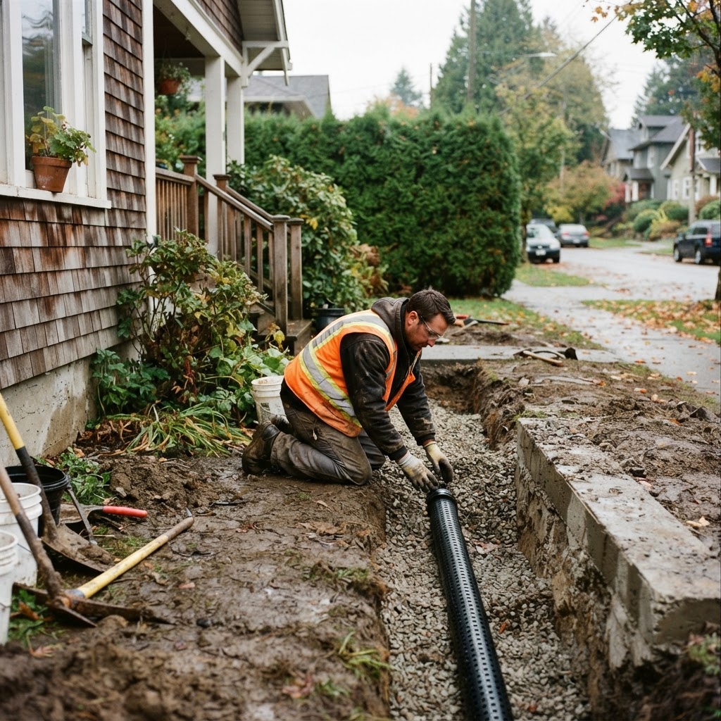 Perimeter drain installation beside an older residential property in Vancouver