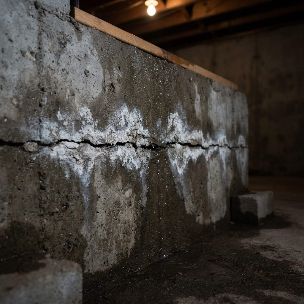 Water seeping through a basement wall crack in Vancouver