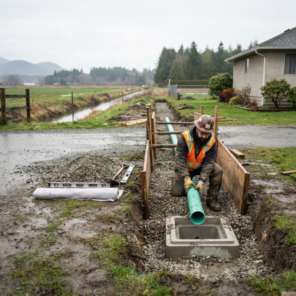 Storm drainage line and catch basin installation on flat Delta ground