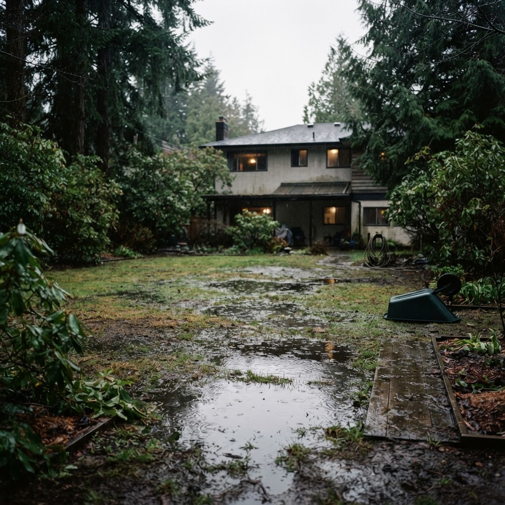 Saturated Metro Vancouver yard with standing water on clay soil after heavy rain