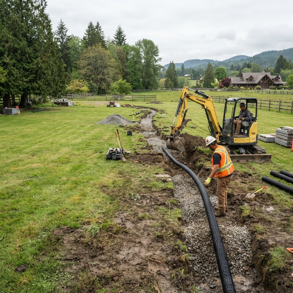 Drainage trench installation on a larger semi-rural Langley lot