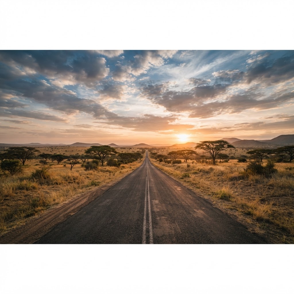 Open road through the African savanna